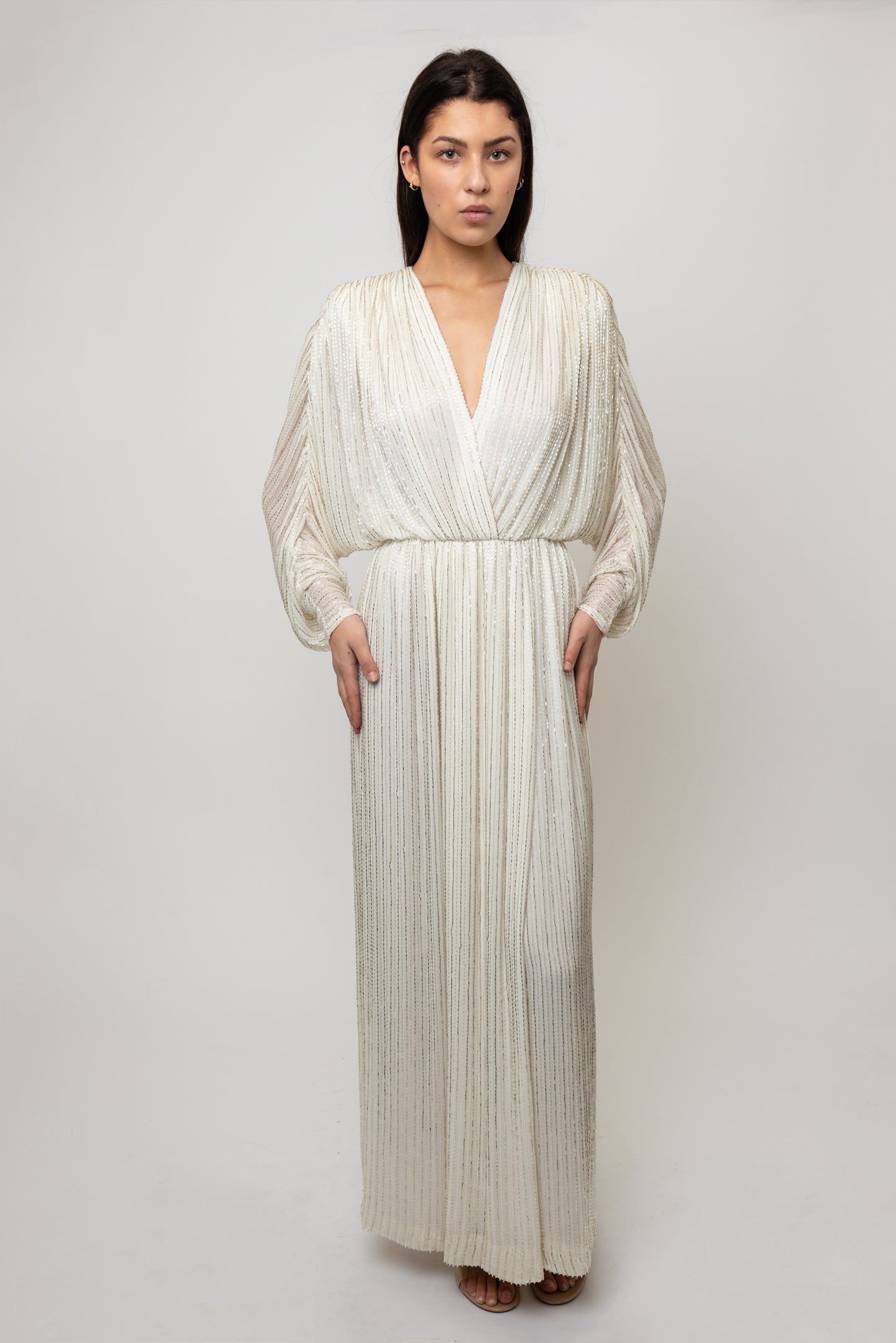 Bob Mackie 1970's White Long Sleeved Fully Beaded Gown