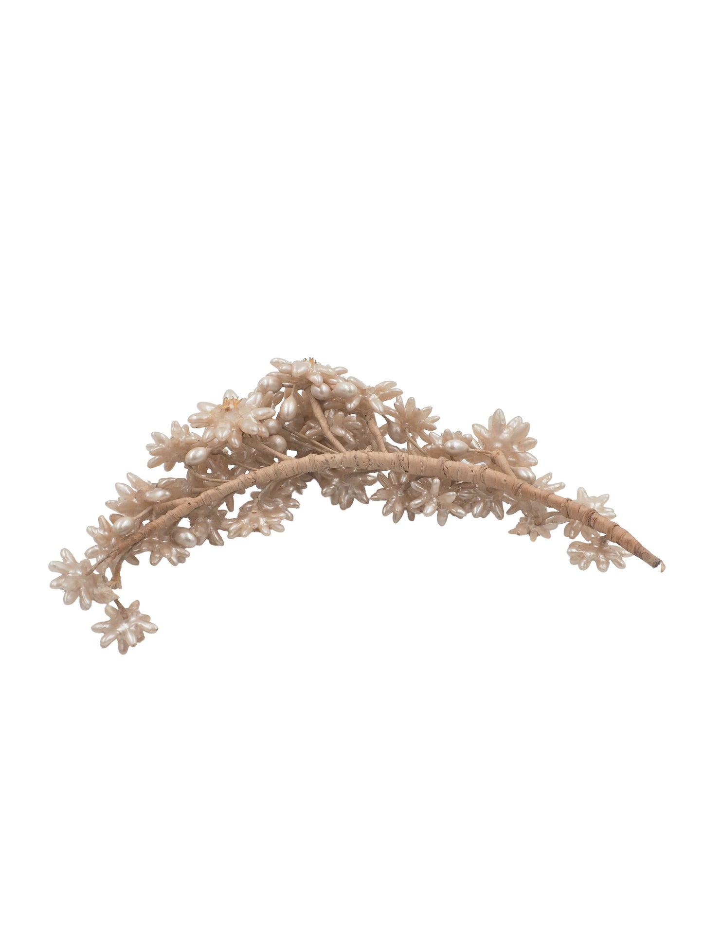 A vintage wedding delicate floral headband featuring small cream-colored faux flowers and branches