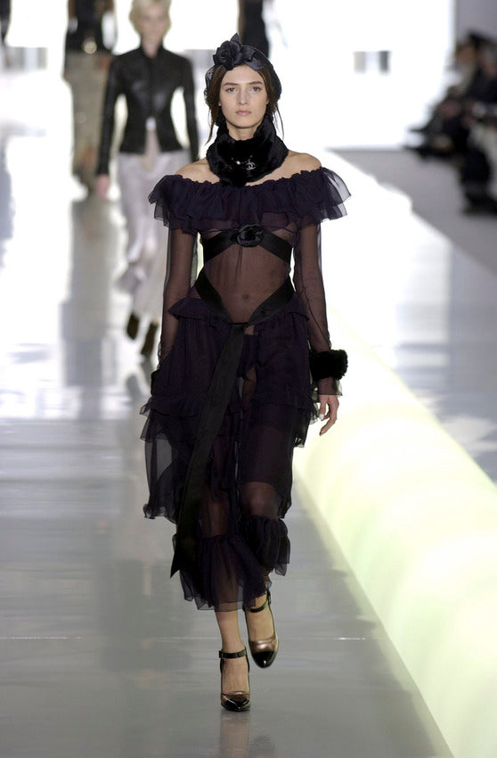 Chanel F/W 2003 Plum Silk Off the Shoulder Ruffle Dropped Waist Dress The Kit Vintage Chanel F/W 2003 Plum Silk Off the Shoulder Ruffle Dropped Waist Dress The Kit Vintage