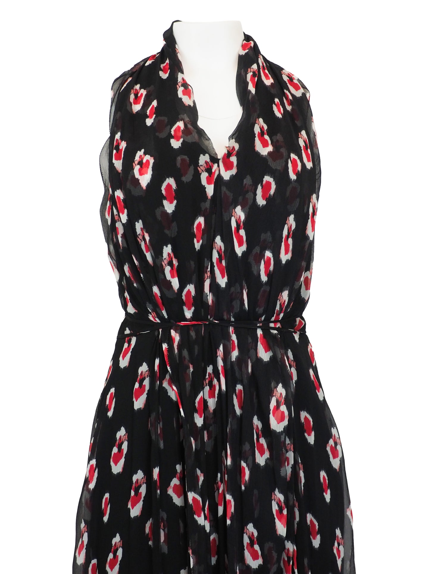 A vintage Carolina Herrera chiffon sleeveless black maxi dress with a red and pink floral print, featuring a halter-style neckline and a tie-waist detail, shown against a plain white background.