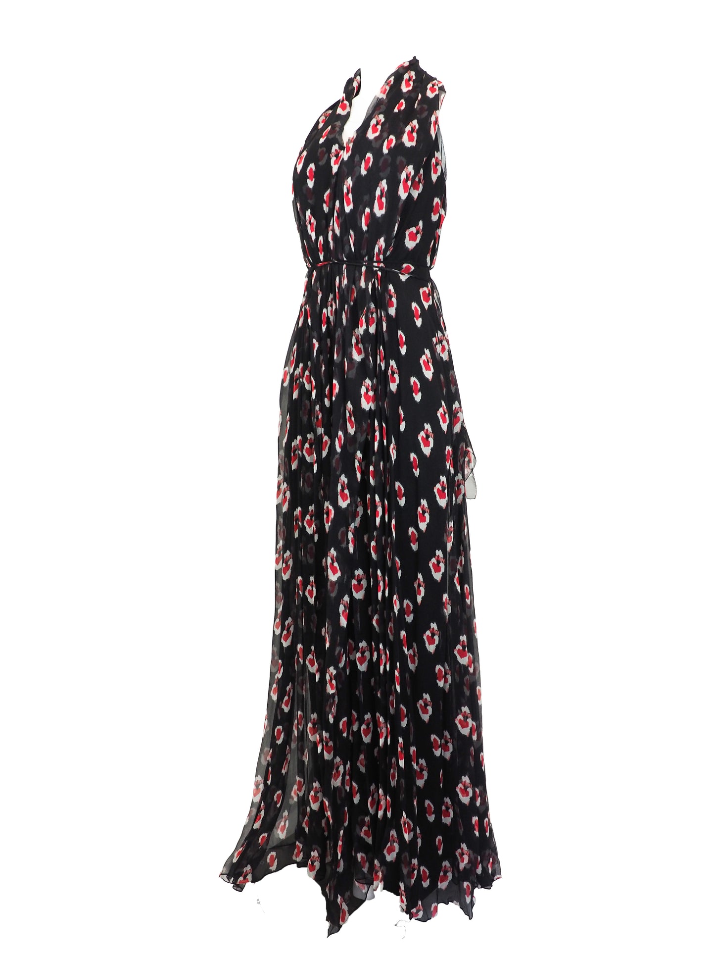 A vintage Carolina Herrera chiffon sleeveless black maxi dress with a red and pink floral print, featuring a halter-style neckline and a tie-waist detail, shown against a plain white background.