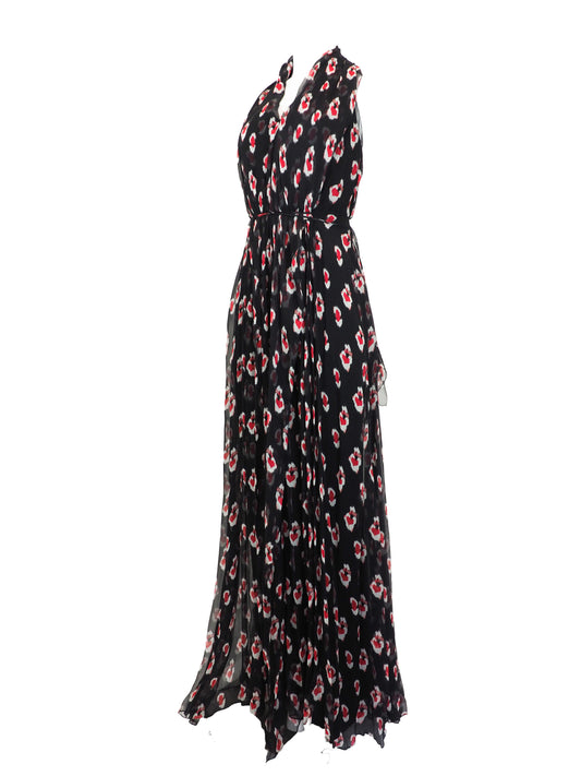 A vintage Carolina Herrera chiffon sleeveless black maxi dress with a red and pink floral print, featuring a halter-style neckline and a tie-waist detail, shown against a plain white background.