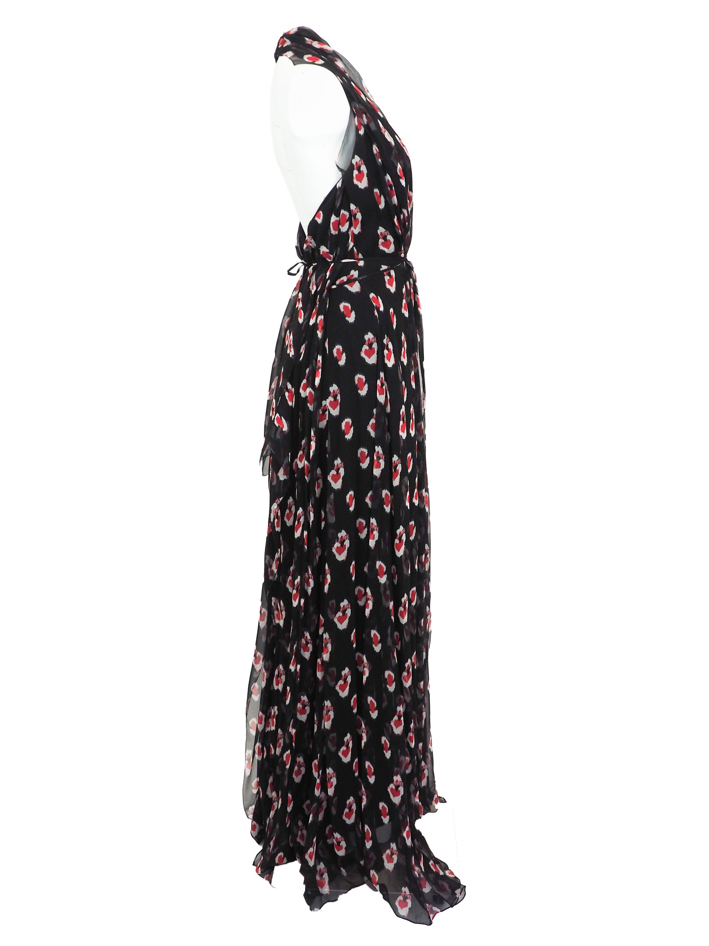 A vintage Carolina Herrera chiffon sleeveless black maxi dress with a red and pink floral print, featuring a halter-style neckline and a tie-waist detail, shown against a plain white background.