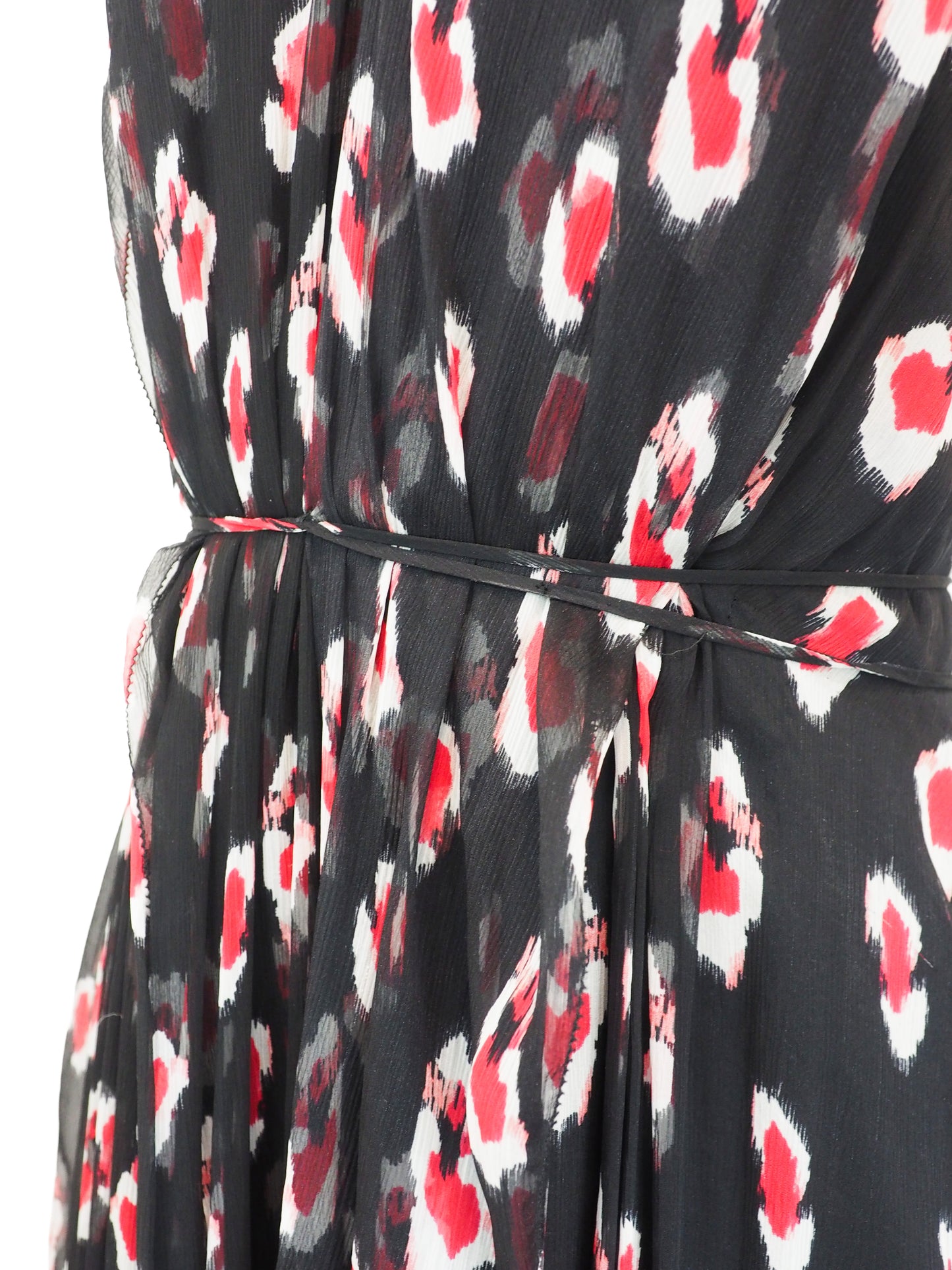 A vintage Carolina Herrera chiffon sleeveless black maxi dress with a red and pink floral print, featuring a halter-style neckline and a tie-waist detail, shown against a plain white background.