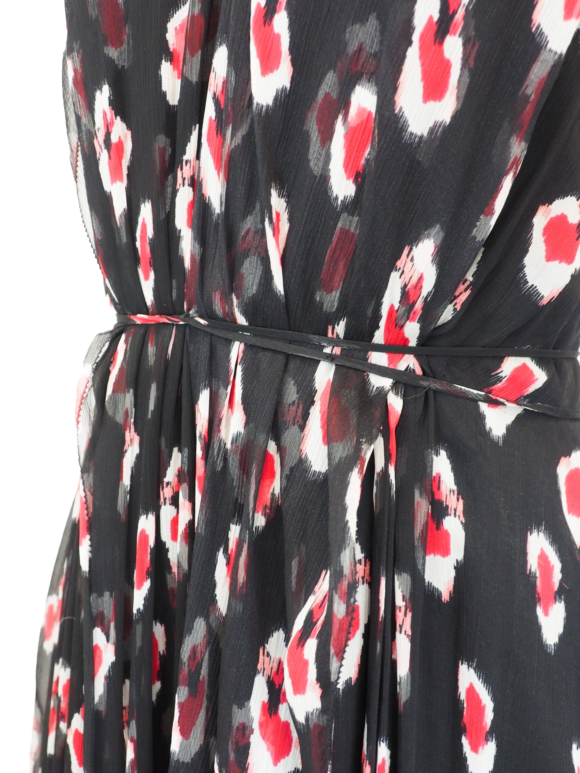 A vintage Carolina Herrera chiffon sleeveless black maxi dress with a red and pink floral print, featuring a halter-style neckline and a tie-waist detail, shown against a plain white background.