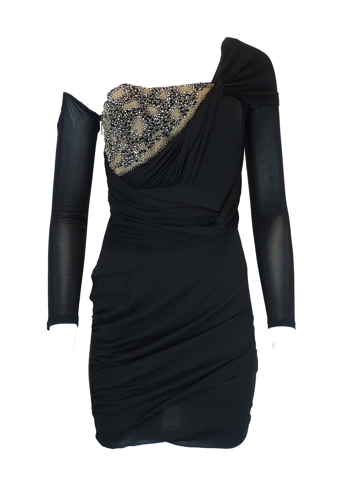 A vintage 2018 Roberto cavalli runway black one-shoulder mini dress with jersey long sleeves and a heavily embellished gold beaded bust 