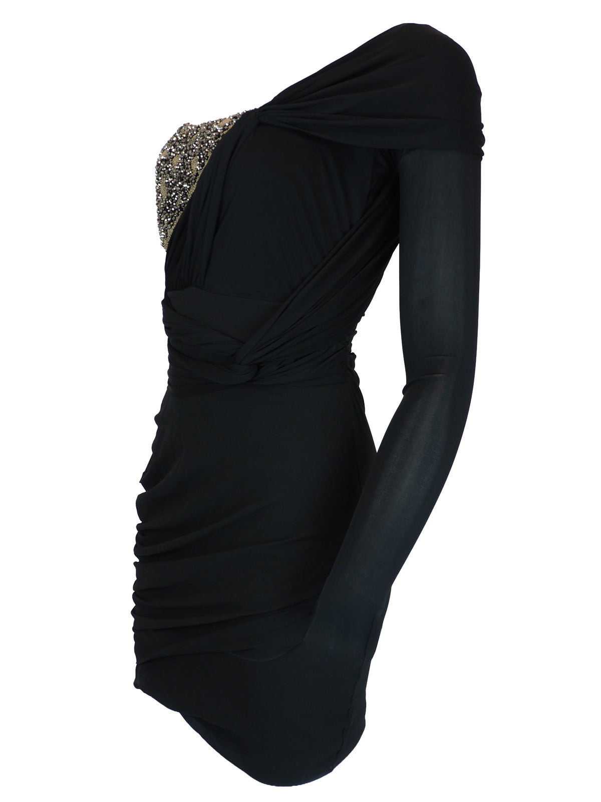 A vintage 2018 Roberto cavalli runway black one-shoulder mini dress with jersey long sleeves and a heavily embellished gold beaded bust 