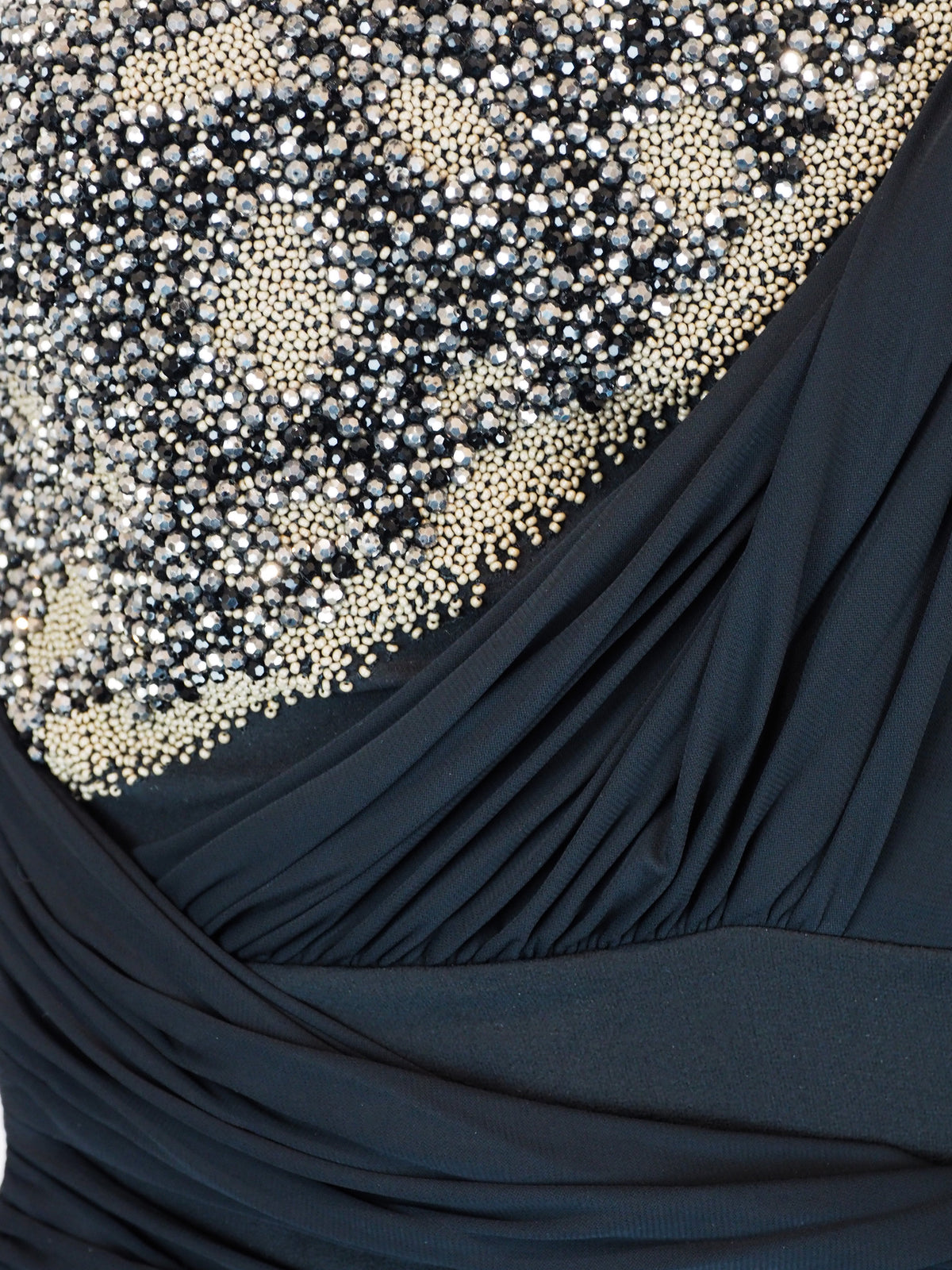 A vintage 2018 Roberto cavalli runway black one-shoulder mini dress with jersey long sleeves and a heavily embellished gold beaded bust 