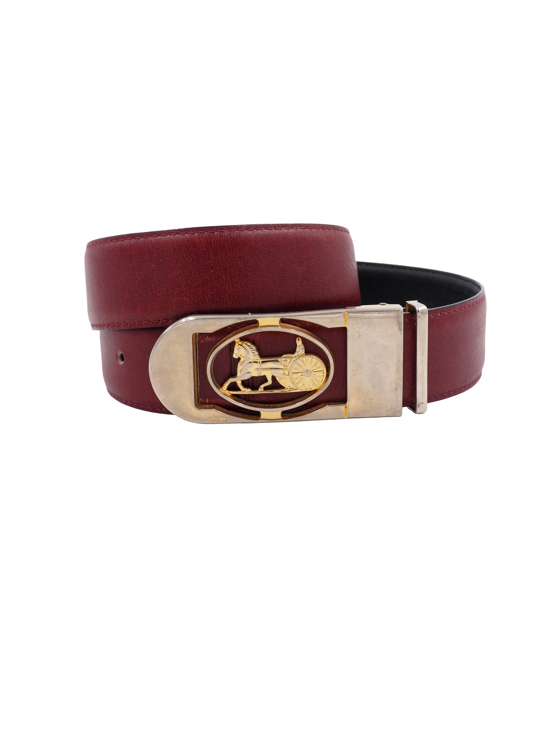 Celine Reversible Black/ Burgundy Leather Belt with Horse & Carriage Buckle