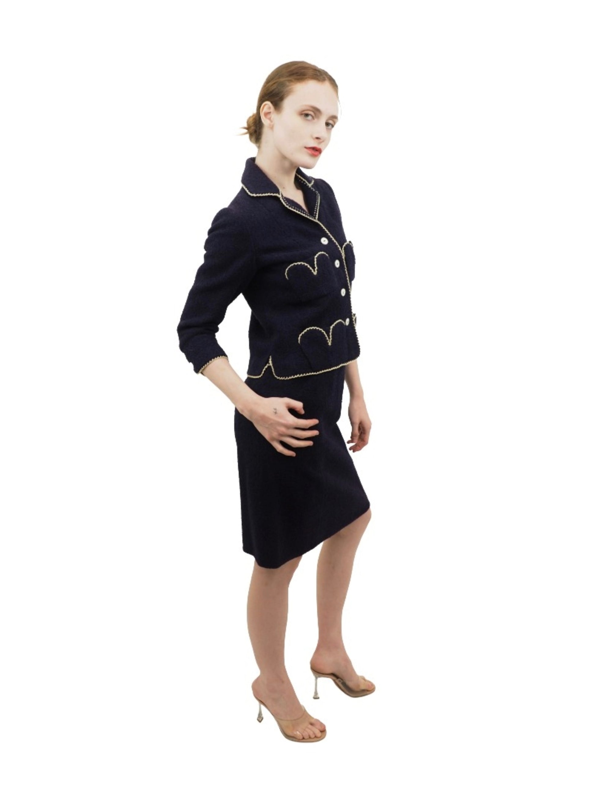 Chanel Couture 1960s Navy W White Trim Suit