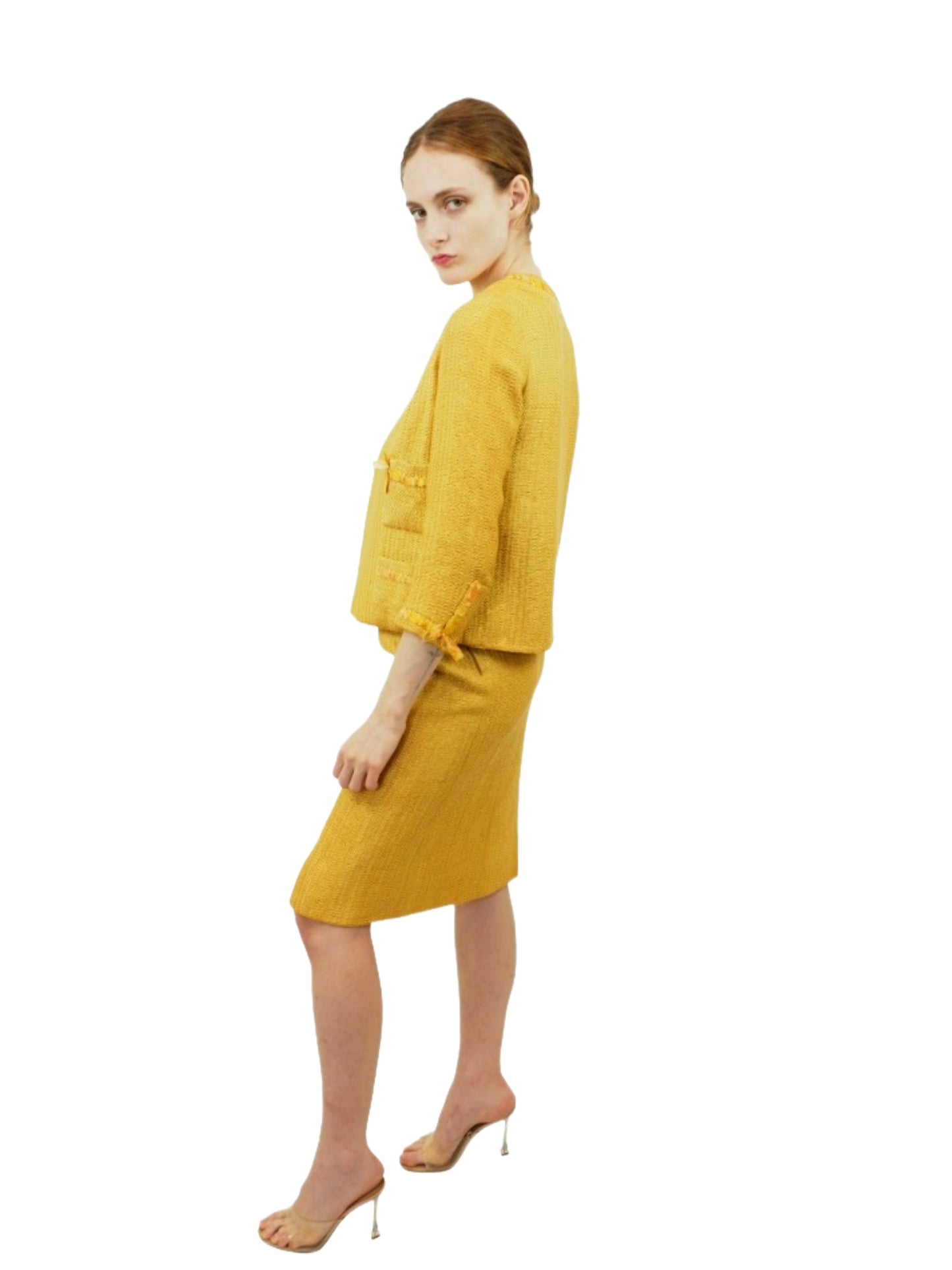 Chanel Couture 1960s Yellow Gold Tweed Suit with Yellow Printed Silk Lining
