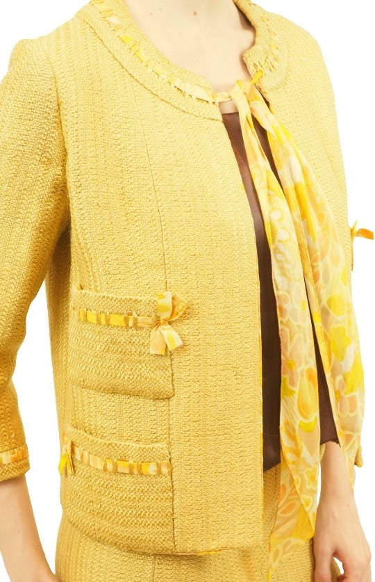 Chanel Couture 1960s Yellow Tweed Suit w Yellow Printed Silk Lining