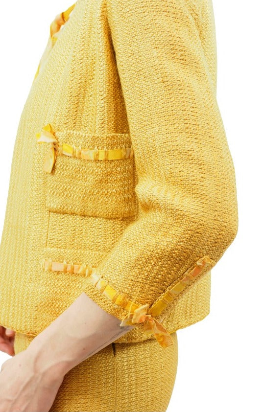 Chanel Couture 1960s Yellow Tweed Suit with Yellow Printed Silk Lining
