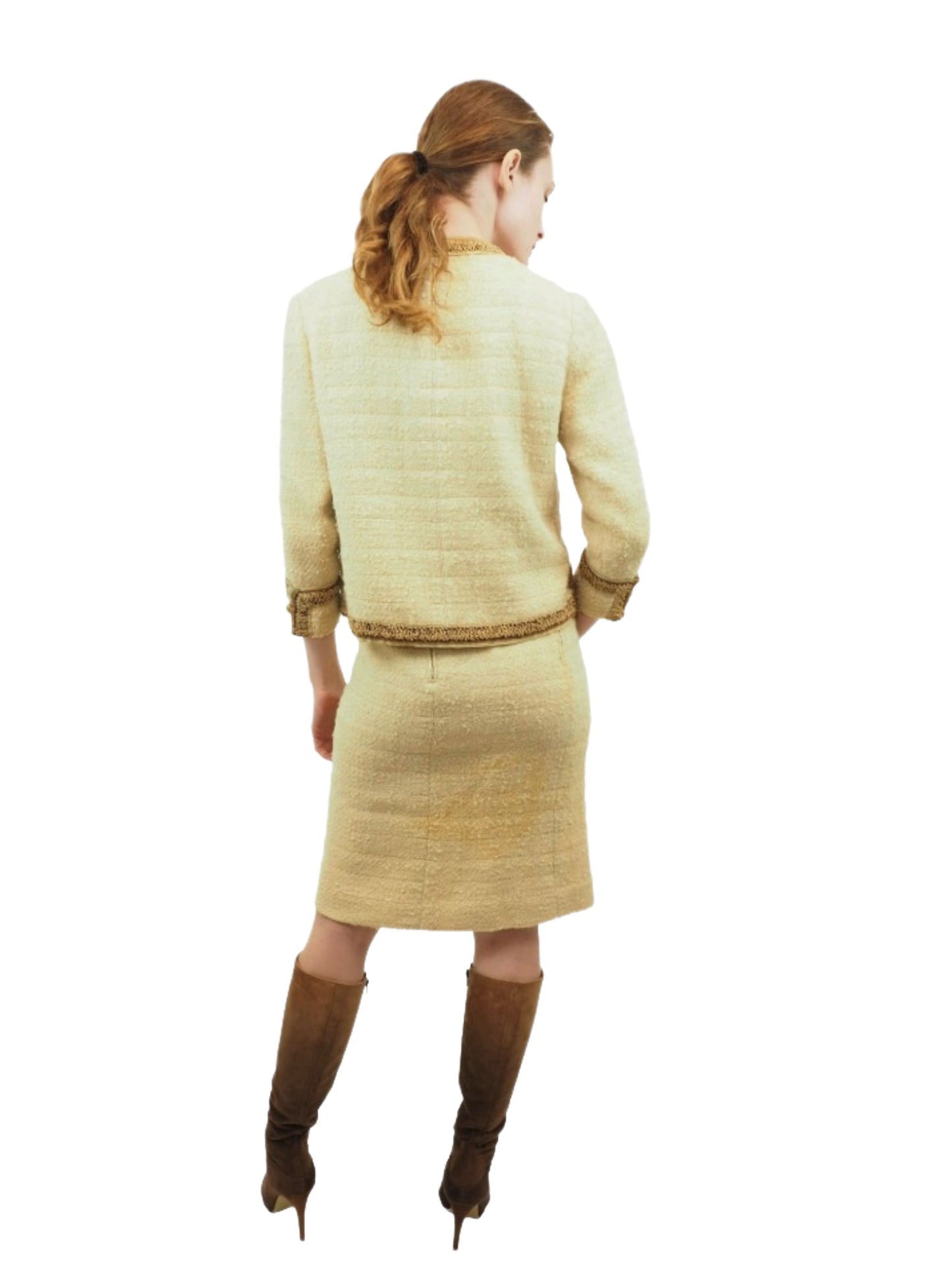 Chanel Couture Cream 1960s Tweed Suit w Ribbon Trim