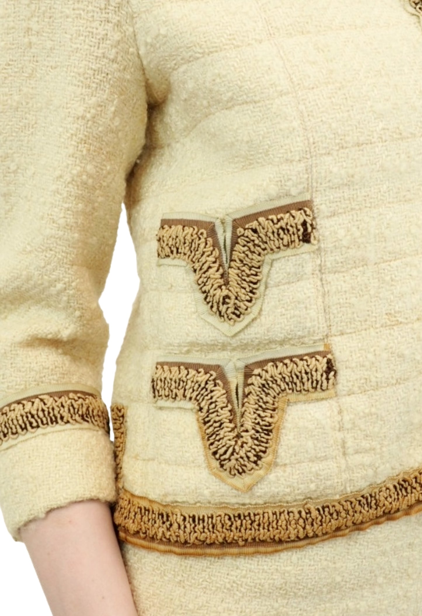 Chanel Couture Cream 1960s Tweed Suit with Ribbon Trim