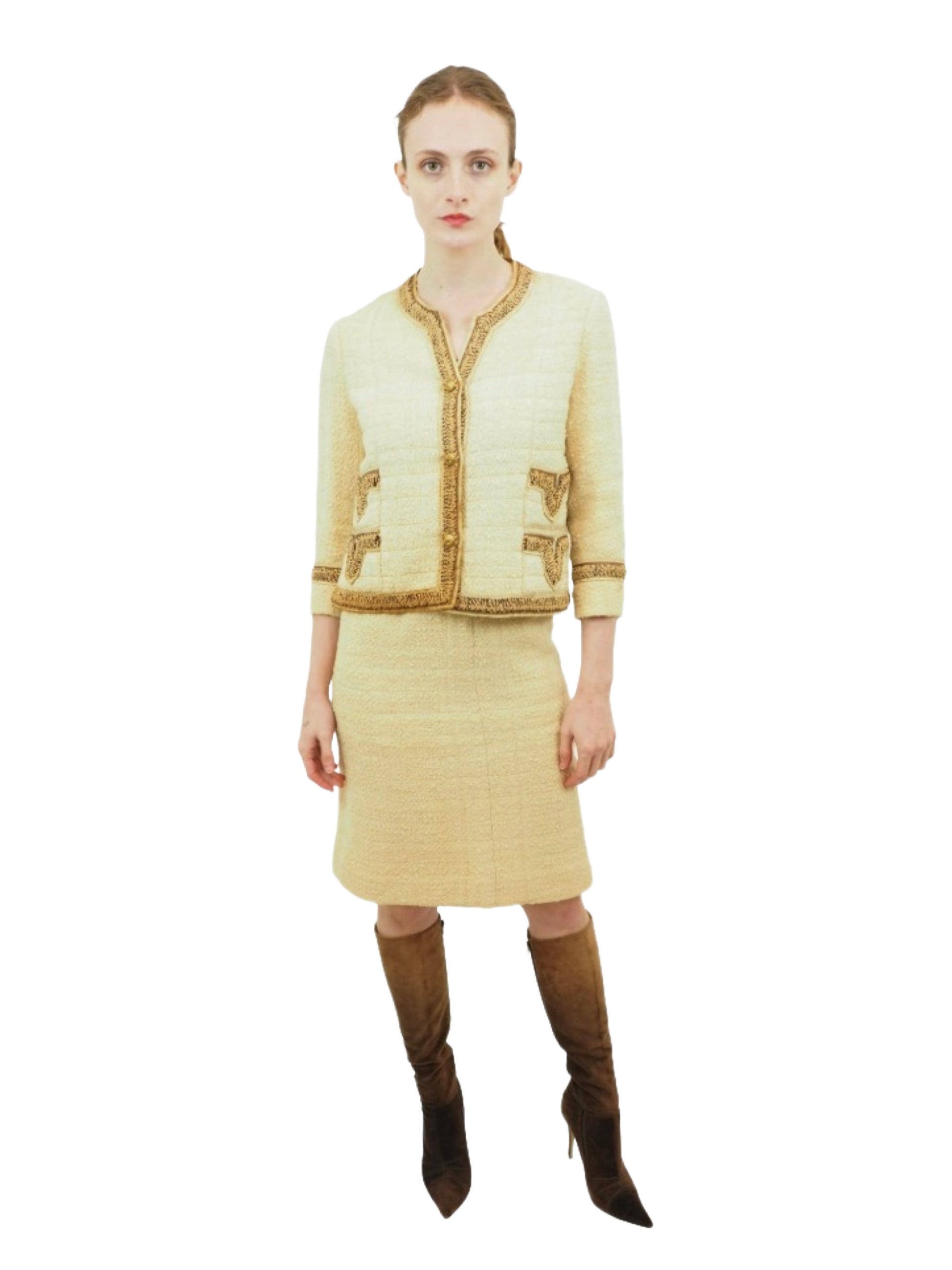 Chanel Couture Cream Tweed Suit with Ribbon Trim