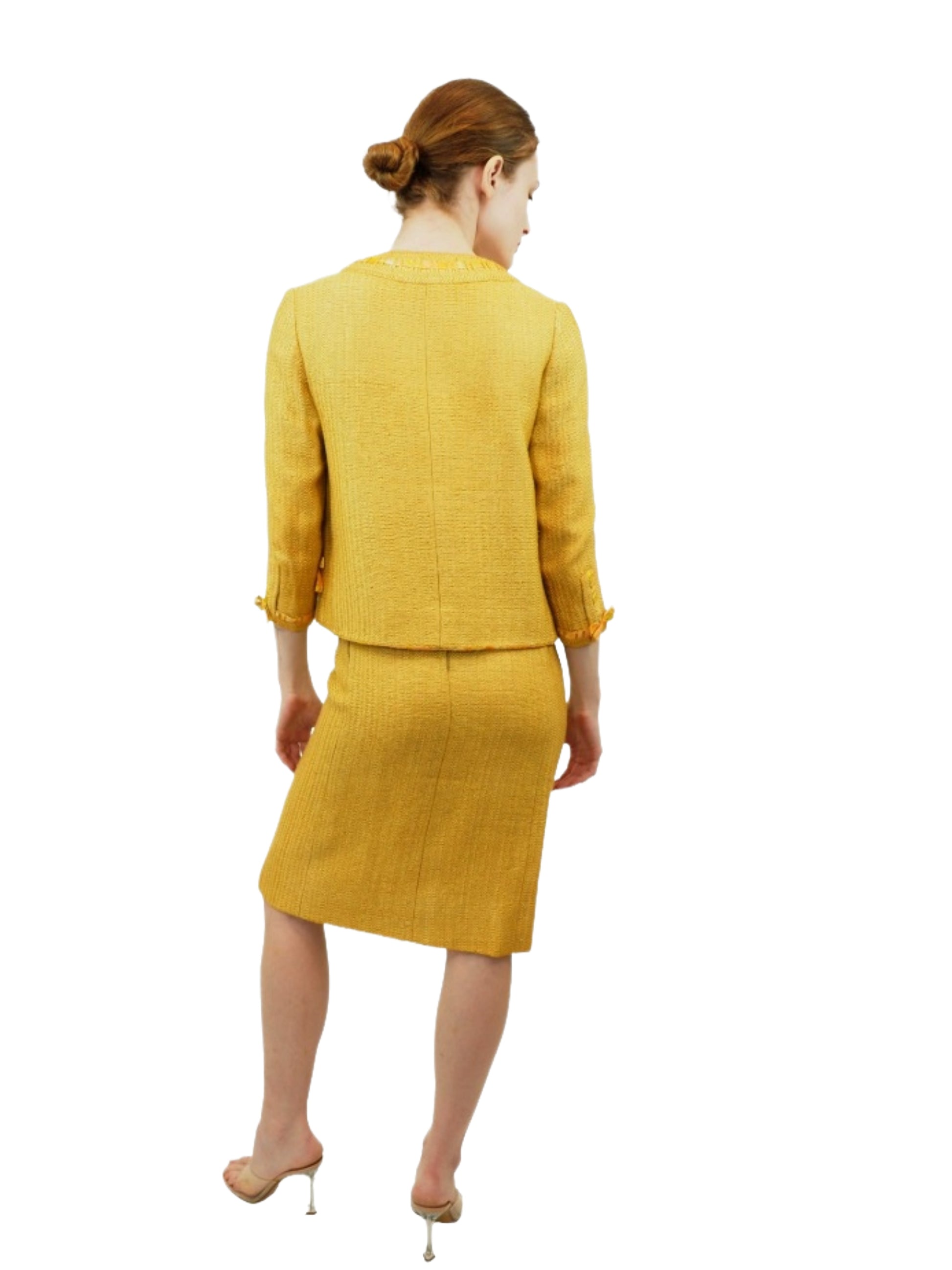 Chanel Couture Yellow Gold Tweed Suit w Yellow Printed Silk Lining