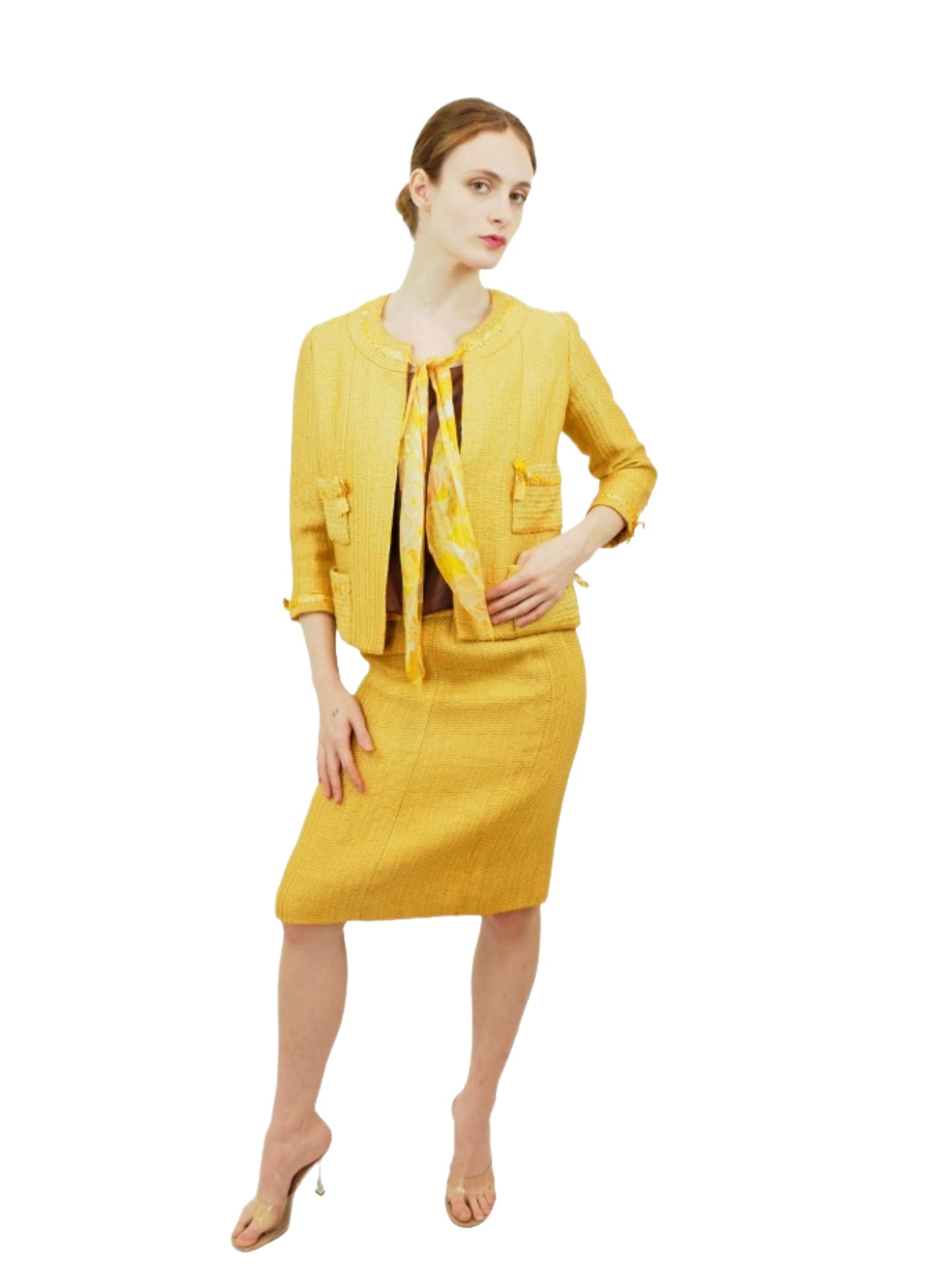 Chanel Couture Yellow Gold Tweed Suit with Yellow Printed Silk Lining