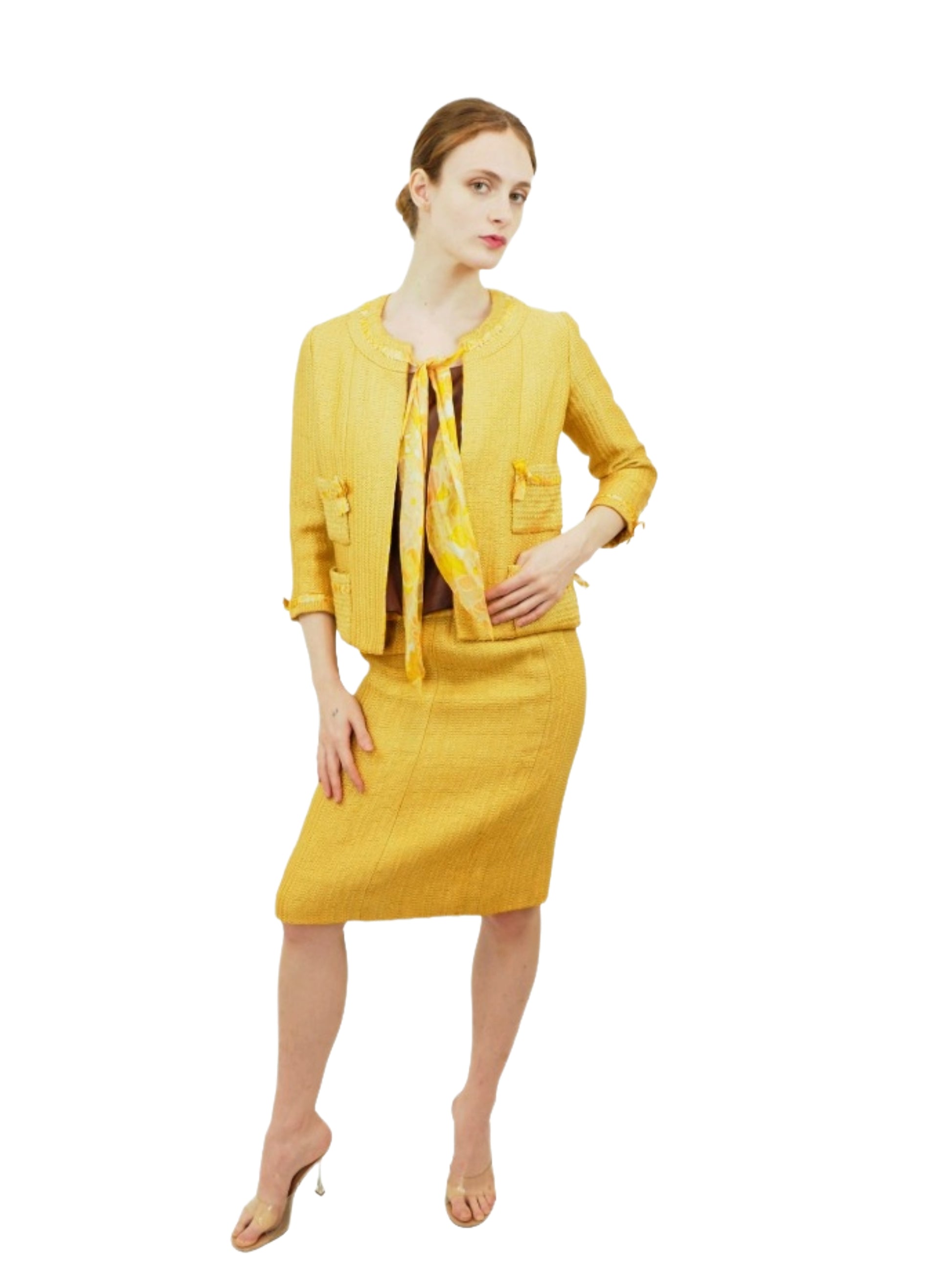 Chanel Couture Yellow Gold Tweed Suit with Yellow Printed Silk Lining