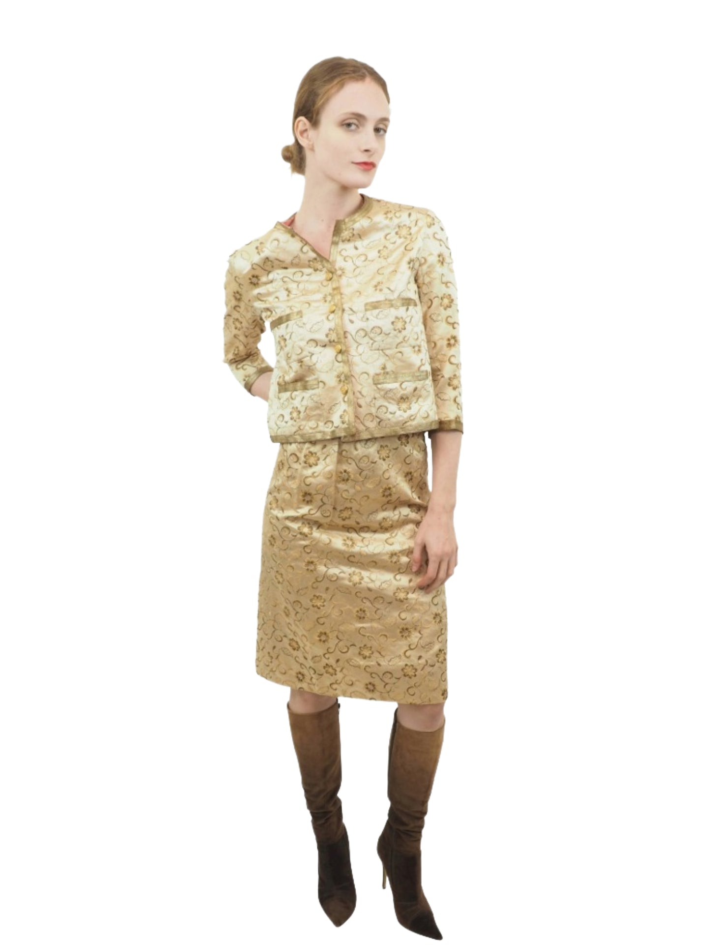 Chanel Haute Couture Silk Skirt Suit with Metal Thread Embroidery