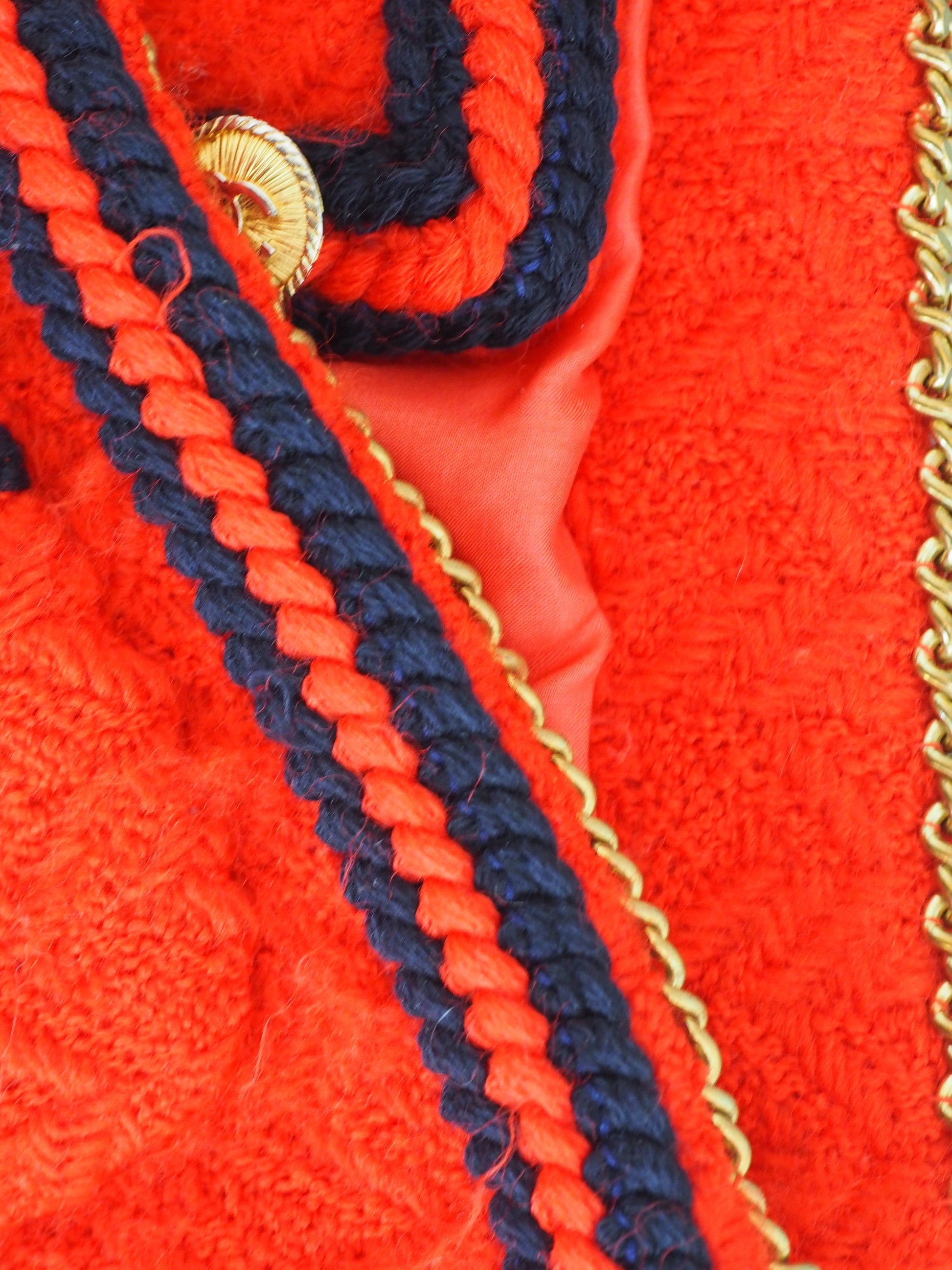 Chanel Red Tweed Coat W gold buttons and Chain