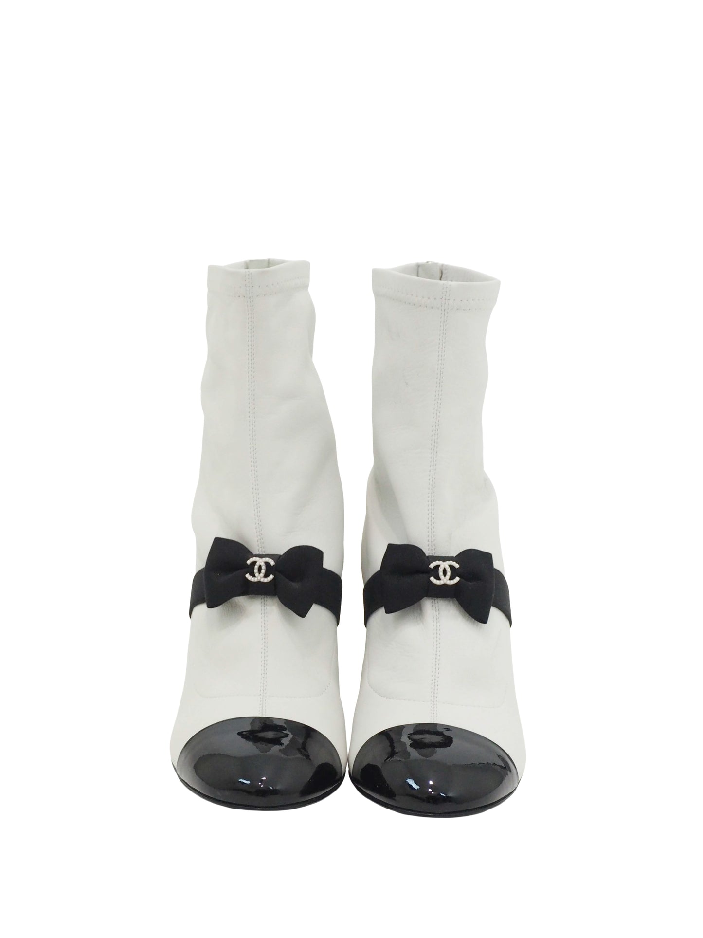 Chanel White Leather Boots W Patent Toe & Bow