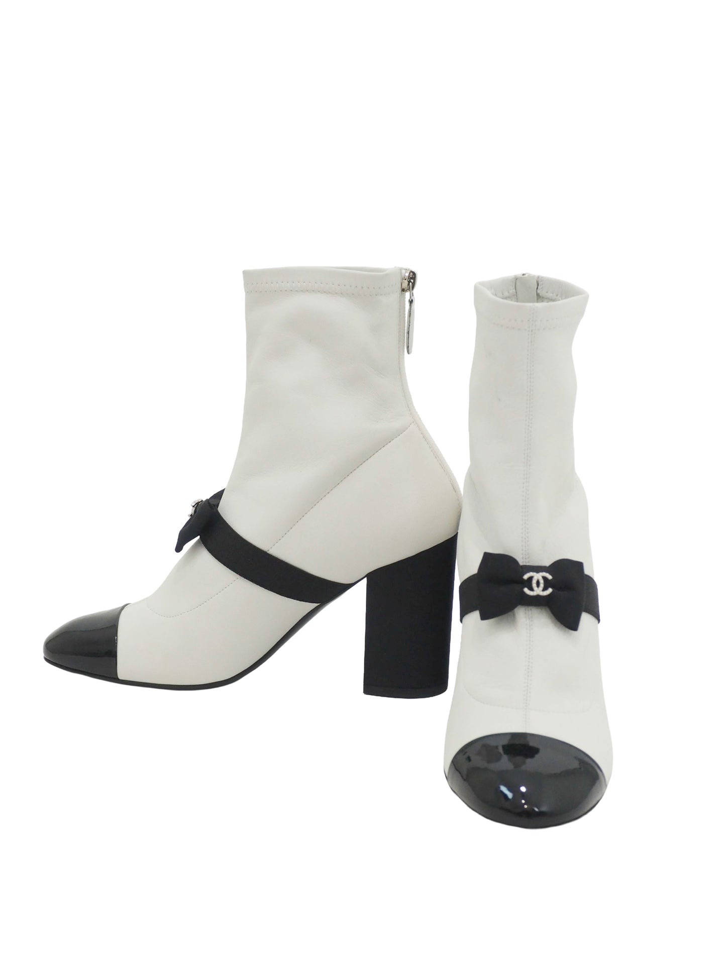 Chanel White Leather Boots With Patent Toe & Bow