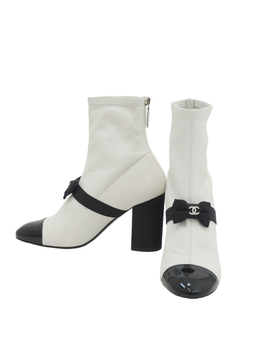 Chanel White Leather Boots With Patent Toe & Bow