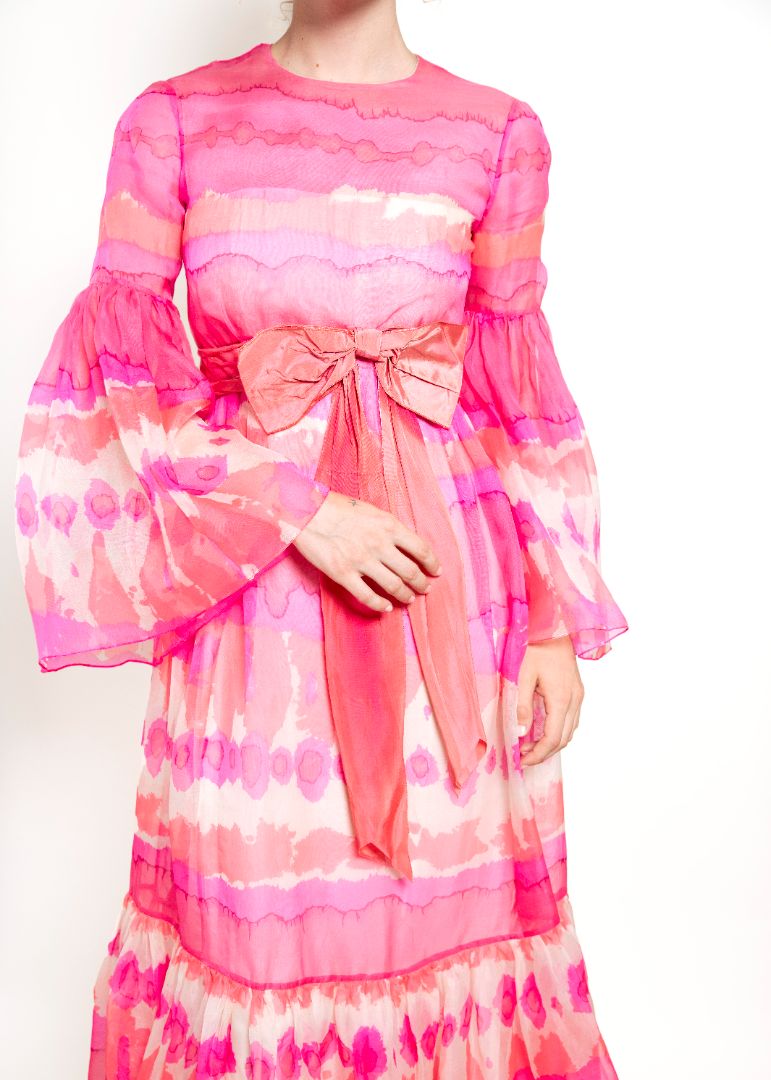 Vintage Malcom Starr Pink Chiffon Bell Sleeve Dress
