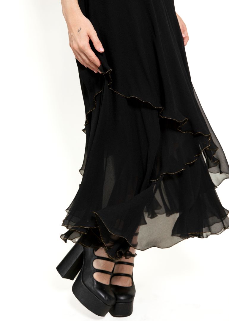 Ralph Lauren Black Silk Chiffon Dress With Gold Braided Straps