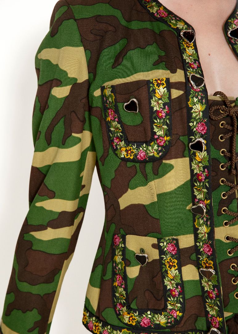 Moschino Couture Camouflage 3 Pc Skirt, Jacket, & Corset Set