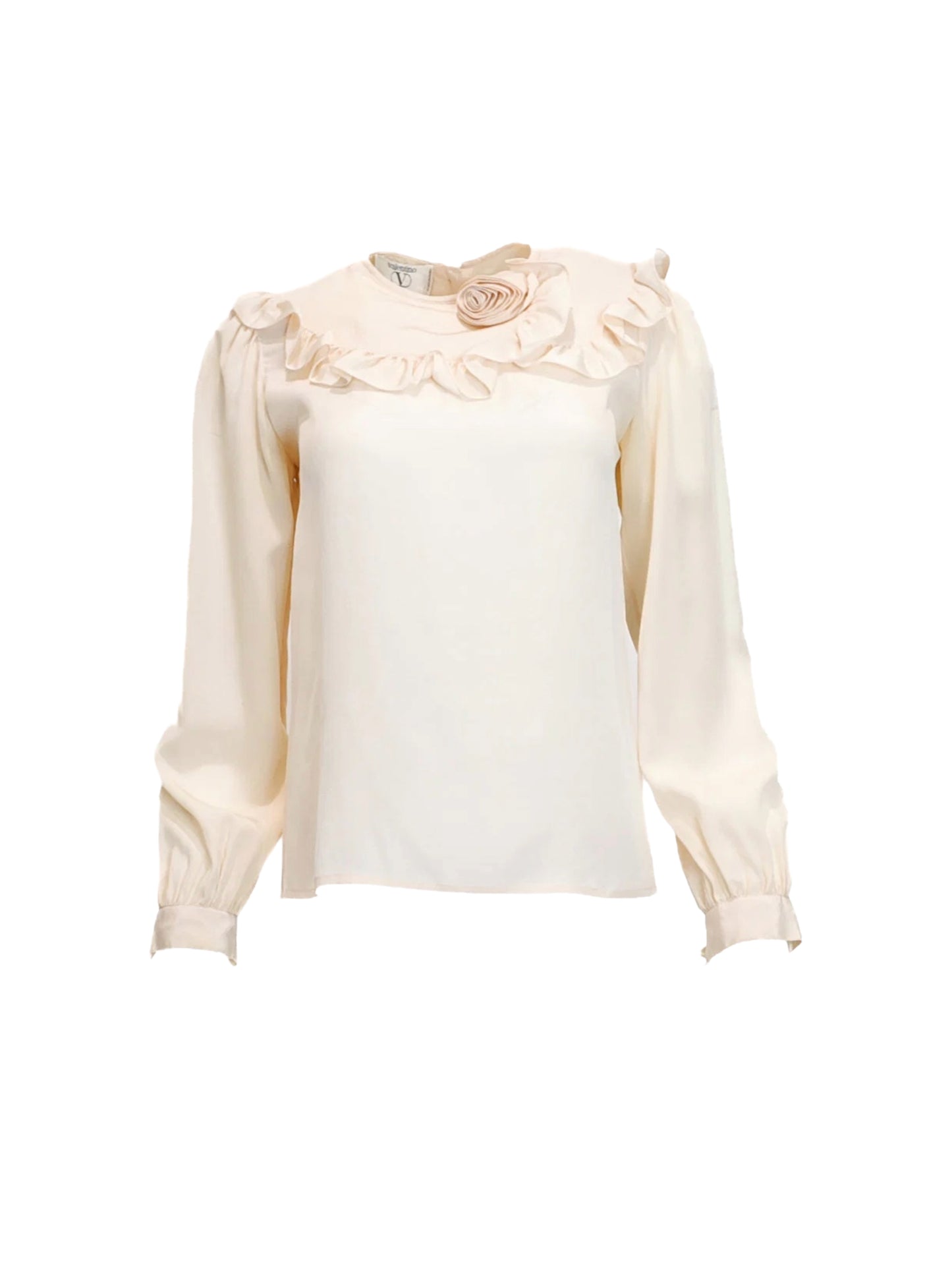 Vintage Valentino/ Neiman Marcus Ruffled Collar Silk Cream Blouse with Rose Detail