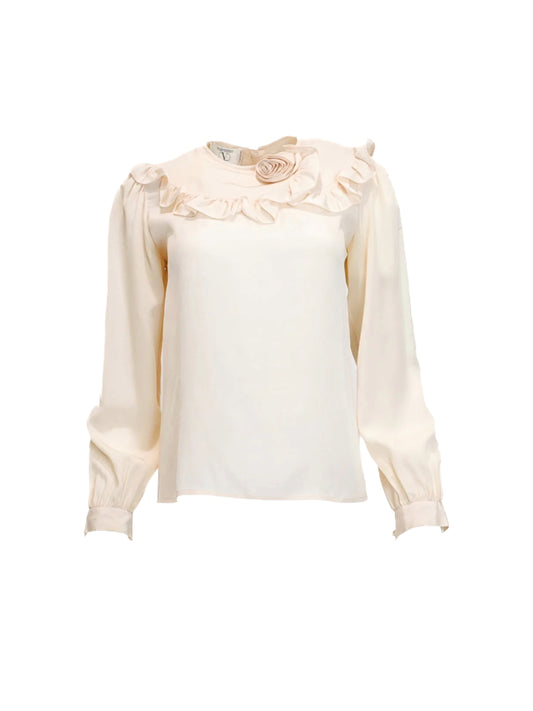Vintage Valentino/ Neiman Marcus Ruffled Collar Silk Cream Blouse with Rose Detail