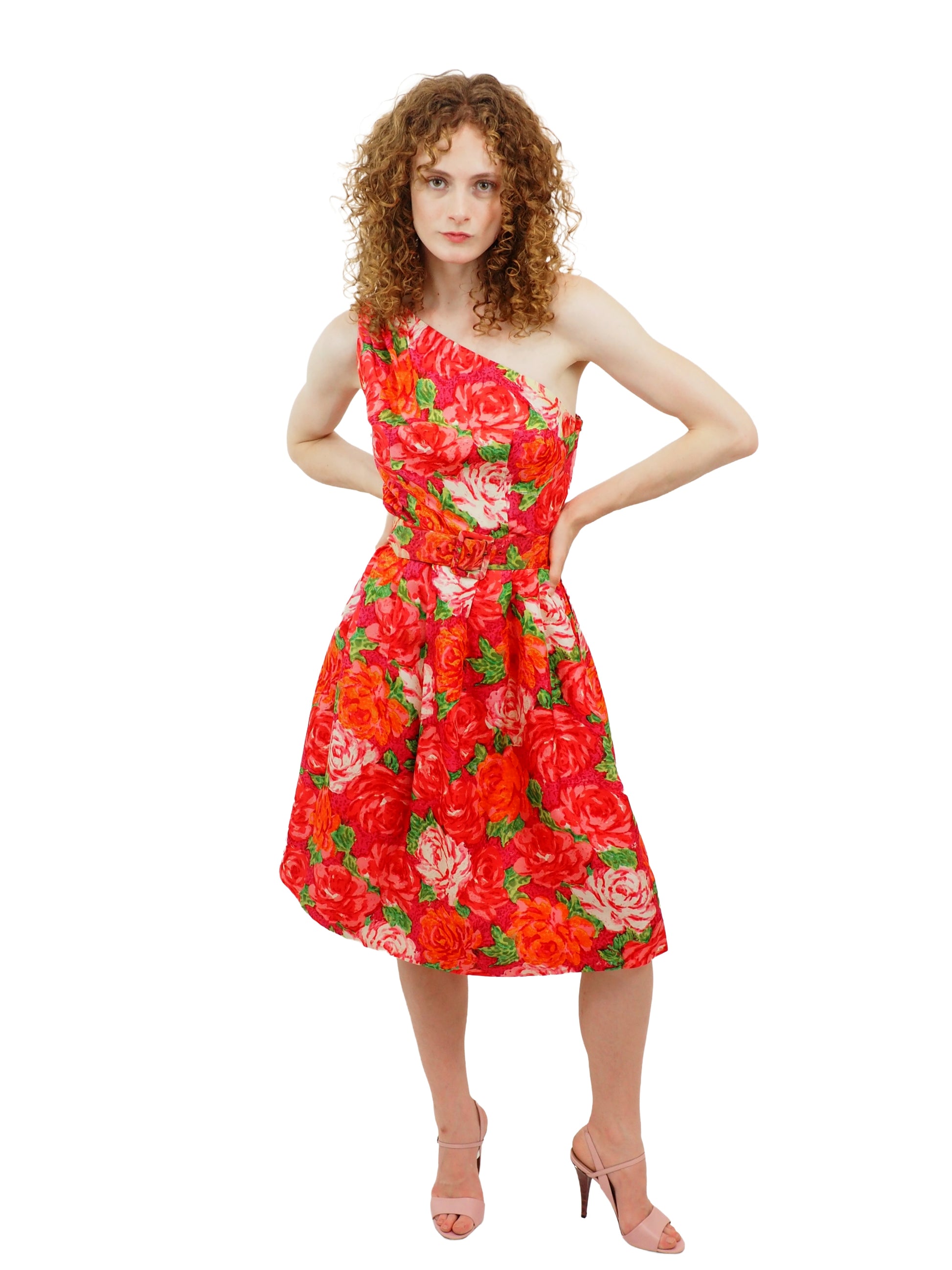 Custom 1960's Silk Floral Print One Shoulder Cocktail Dress