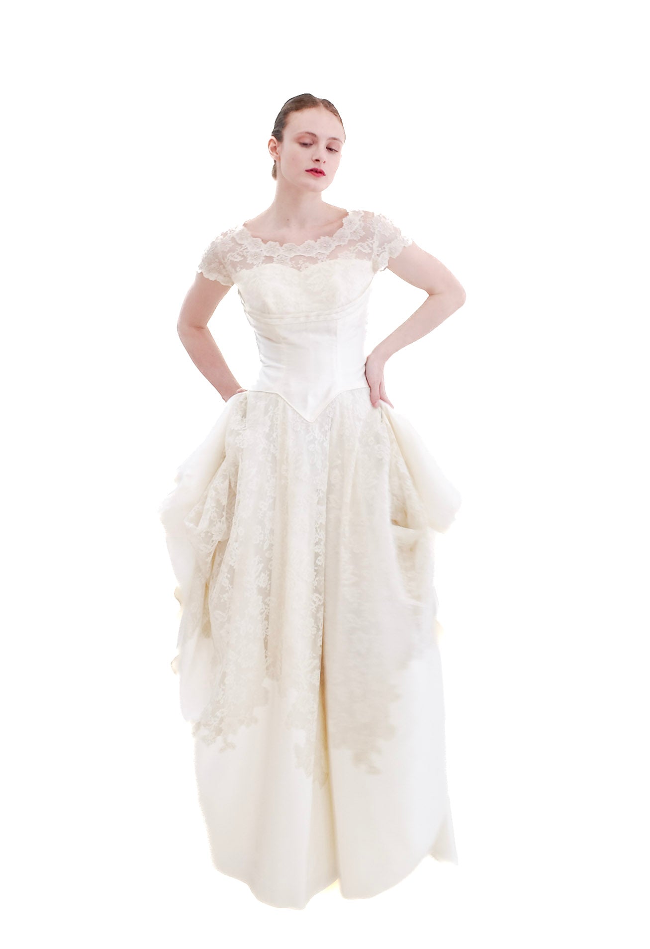 vintage wedding dress for sale 1957 White Satin & Lace – The Kit Vintage SIZE:17-17.5/34 TulleShown Color E25 Off the Shoulder Floral