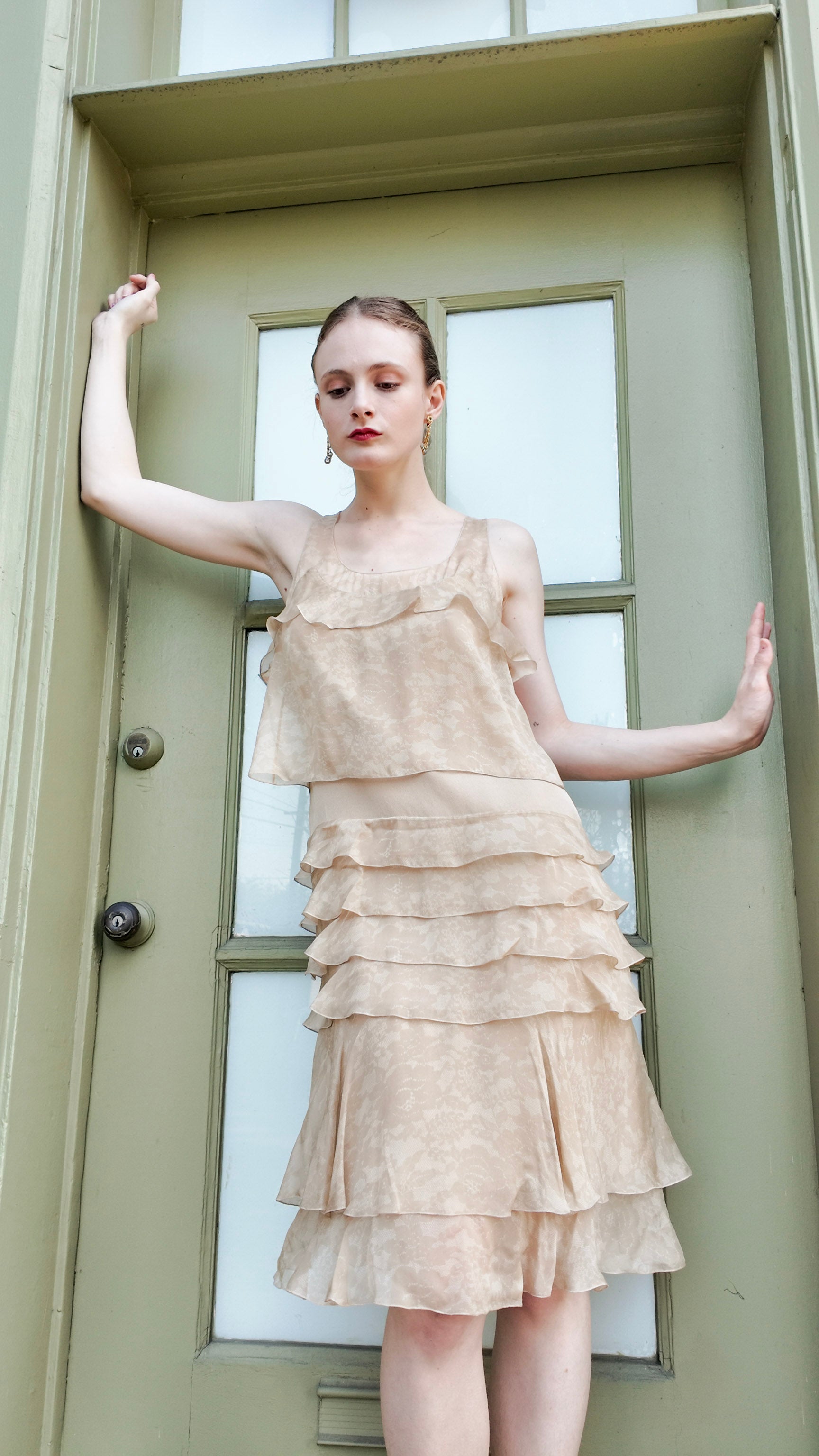 Chanel Fall 2002 Tan Silk Dropped Waist Dress The Kit Vintage Chanel Fall 2002 Tan Silk Dropped Waist Dress The Kit Vintage