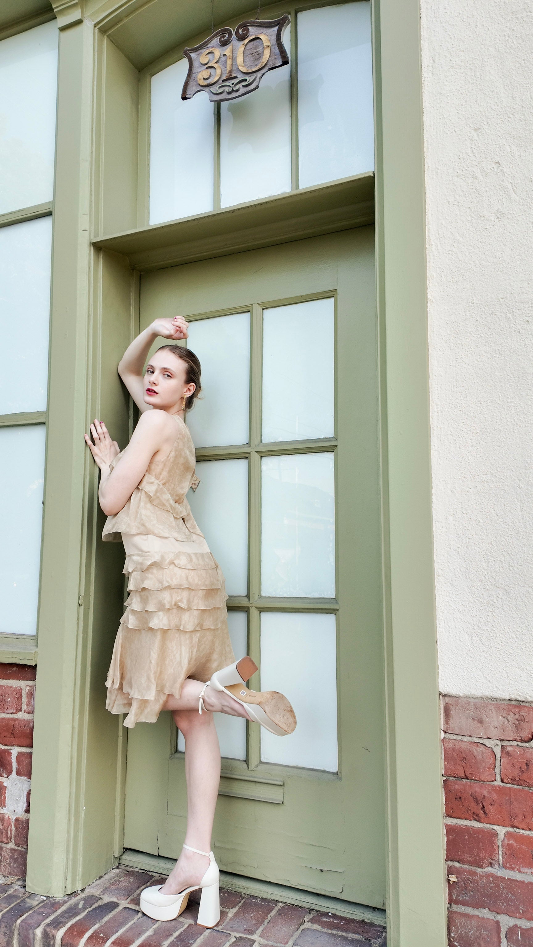 Chanel Fall 2002 Tan Silk Dropped Waist Dress Chanel Fall 2002 Tan Silk Dropped Waist Dress