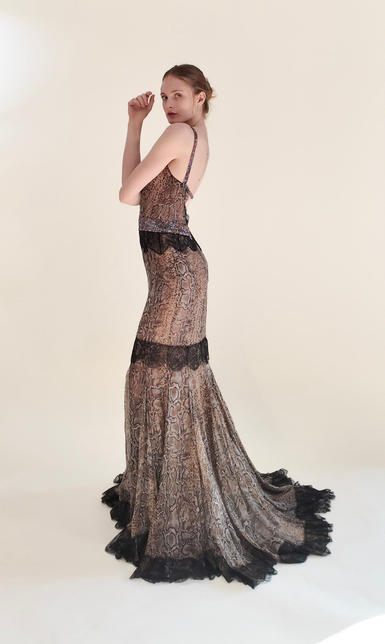 Dolce & Gabbana Fall 2004 Snakeskin Print Open Back Gown with Rhinestone and Lace Detail