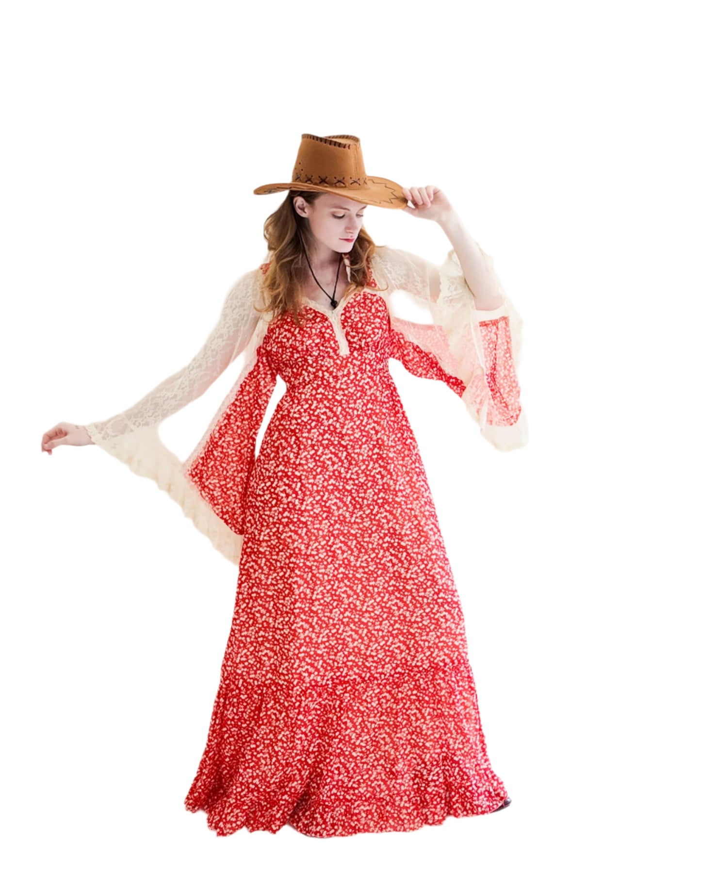 Vintage Gunne Sax Red Cherry Print Lace Bell Sleeve Prairie Dress