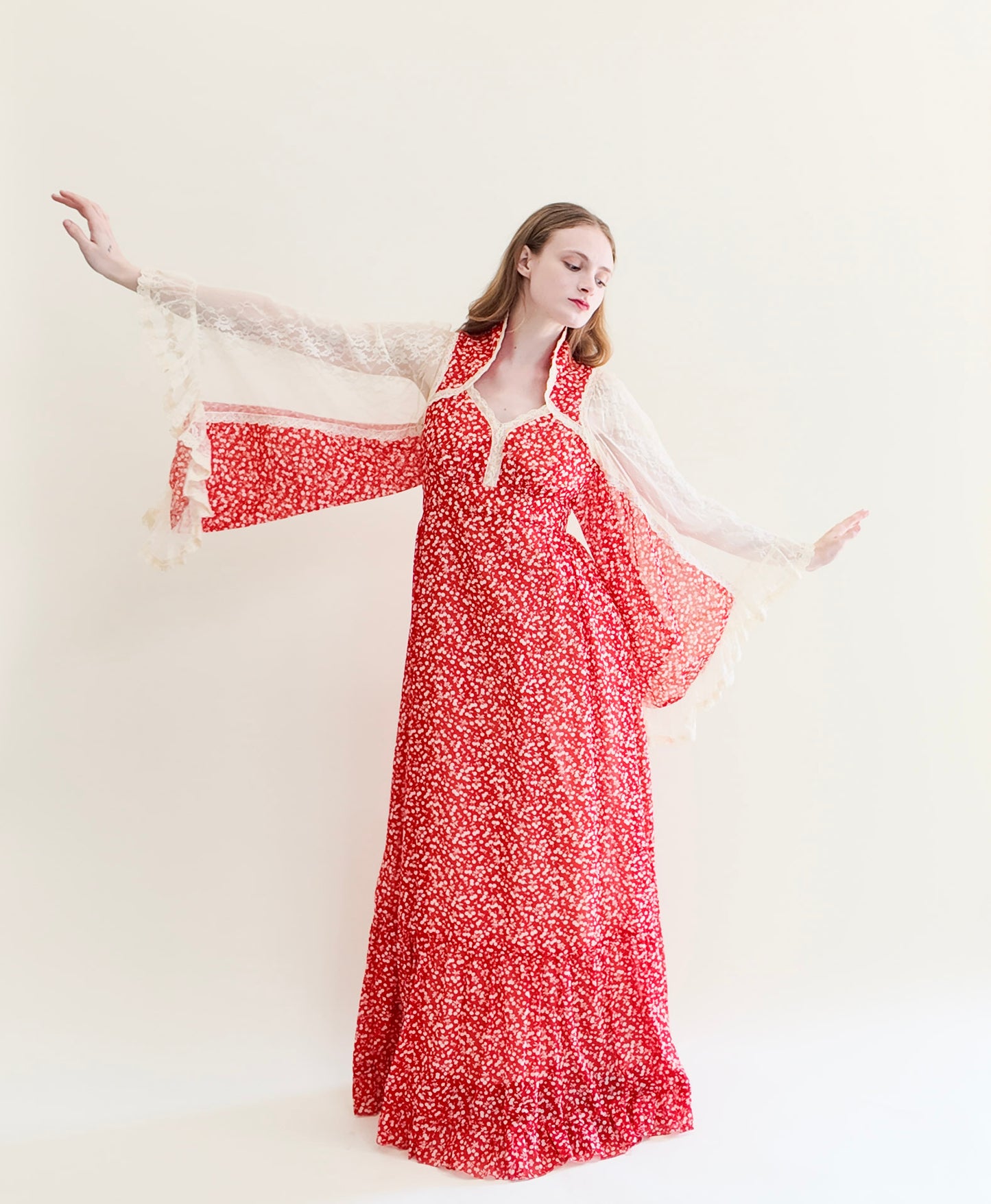 Vintage Gunne Sax Red Cherry Print Lace Bell Sleeve Prairie Dress