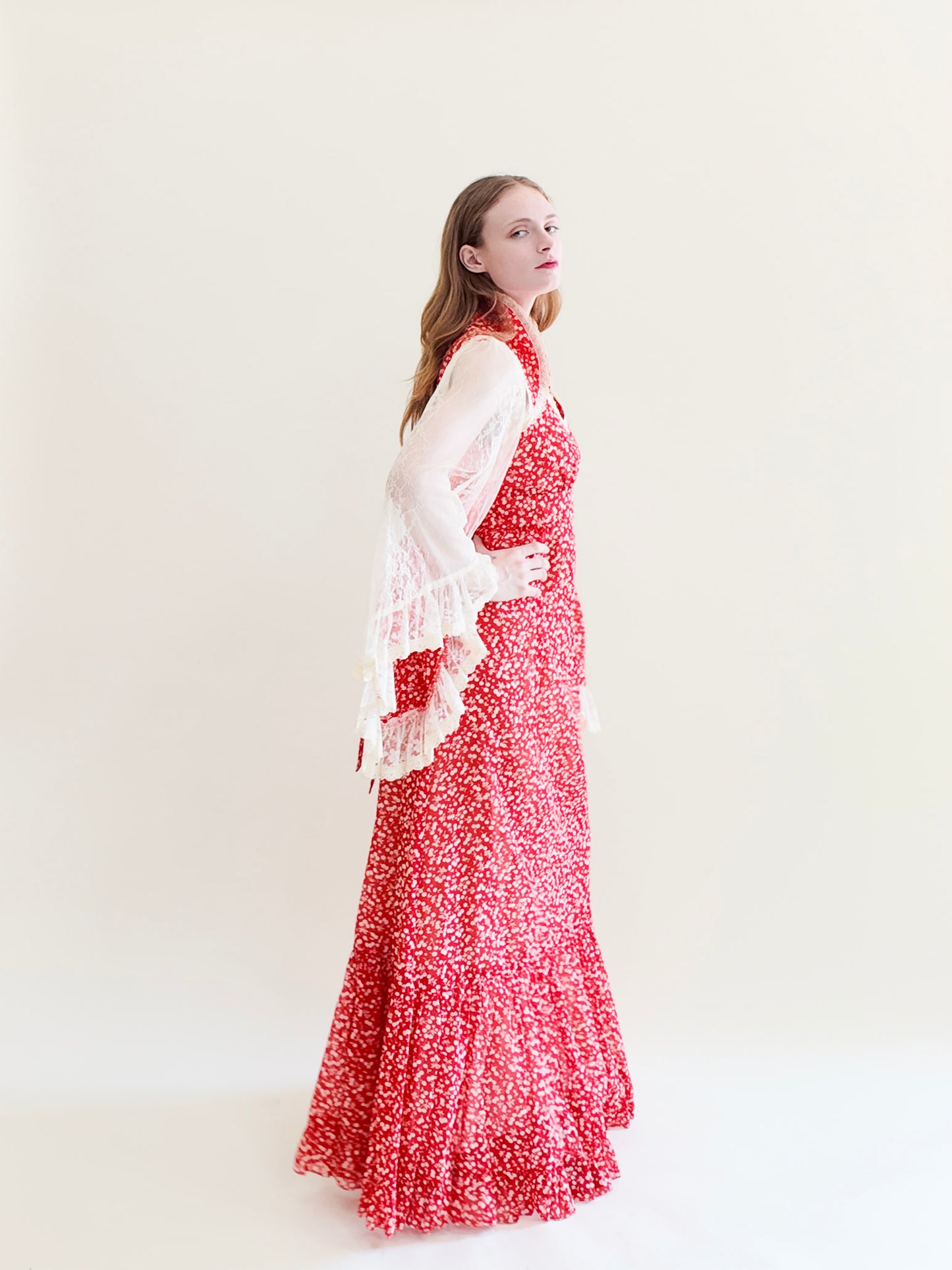 Vintage Gunne Sax Red Cherry Print Lace Bell Sleeve Prairie Dress