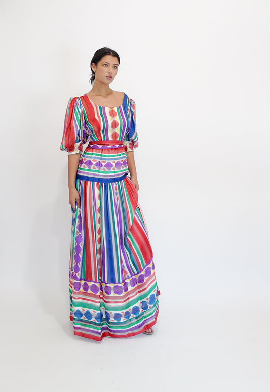 Silk Printed Stripe & Polka Dot Belted Dress - The Kit Vintage