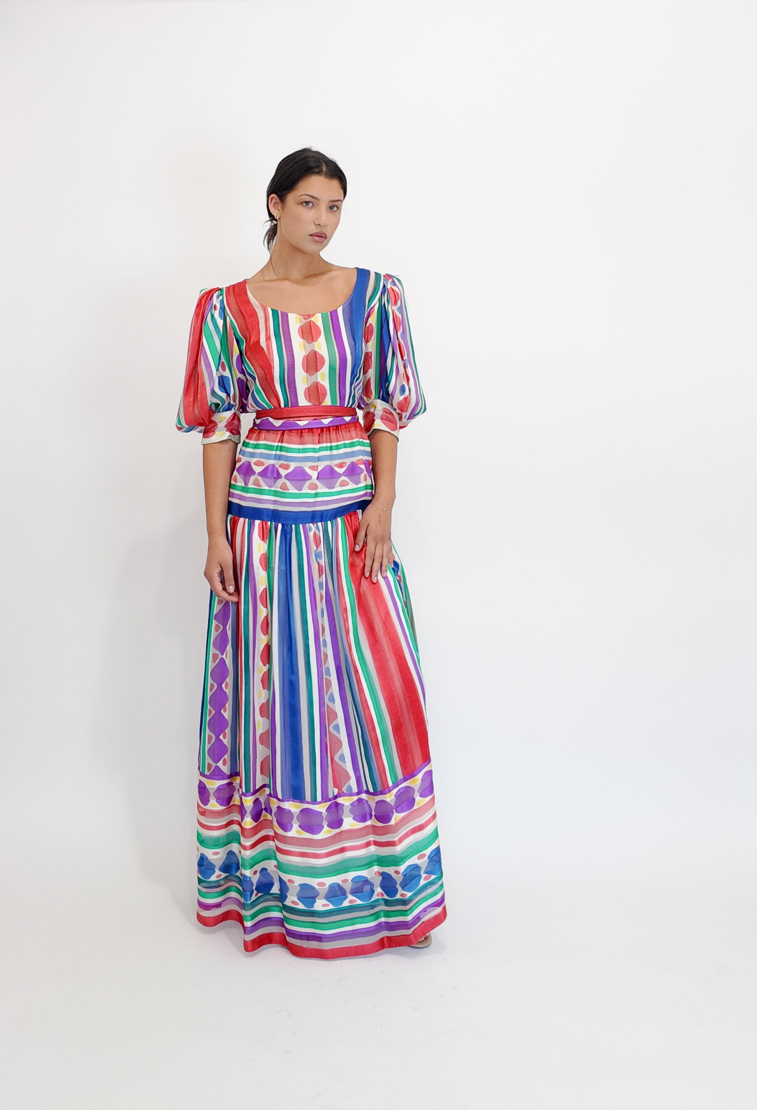 Silk Printed Stripe & Polka Dot Belted Dress - The Kit Vintage