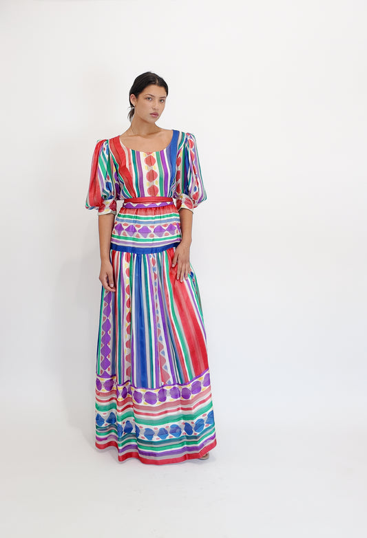 Silk Printed Stripe & Polka Dot Belted Dress - The Kit Vintage