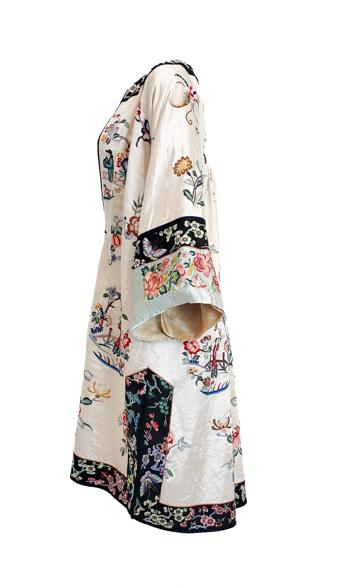 Vintage Beige Silk Embroidered Japanese Kimono Coat