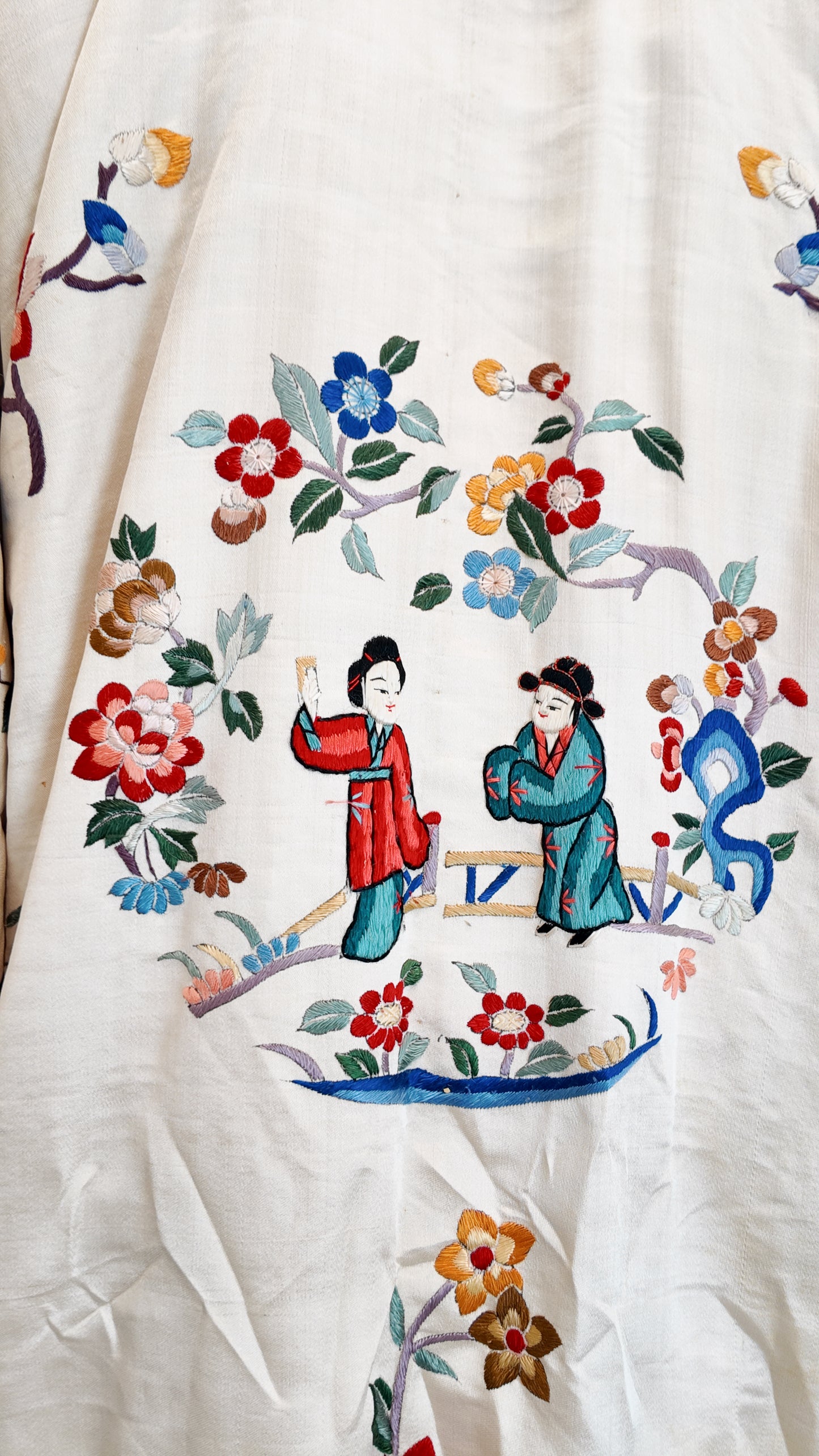 Vintage Beige Silk Embroidered Japanese Kimono Coat