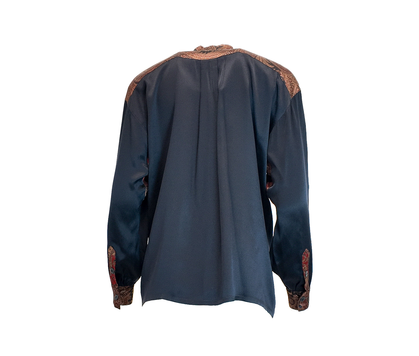 Escada Navy Blue Silk Blouse with Paisley Print and Double Pockets