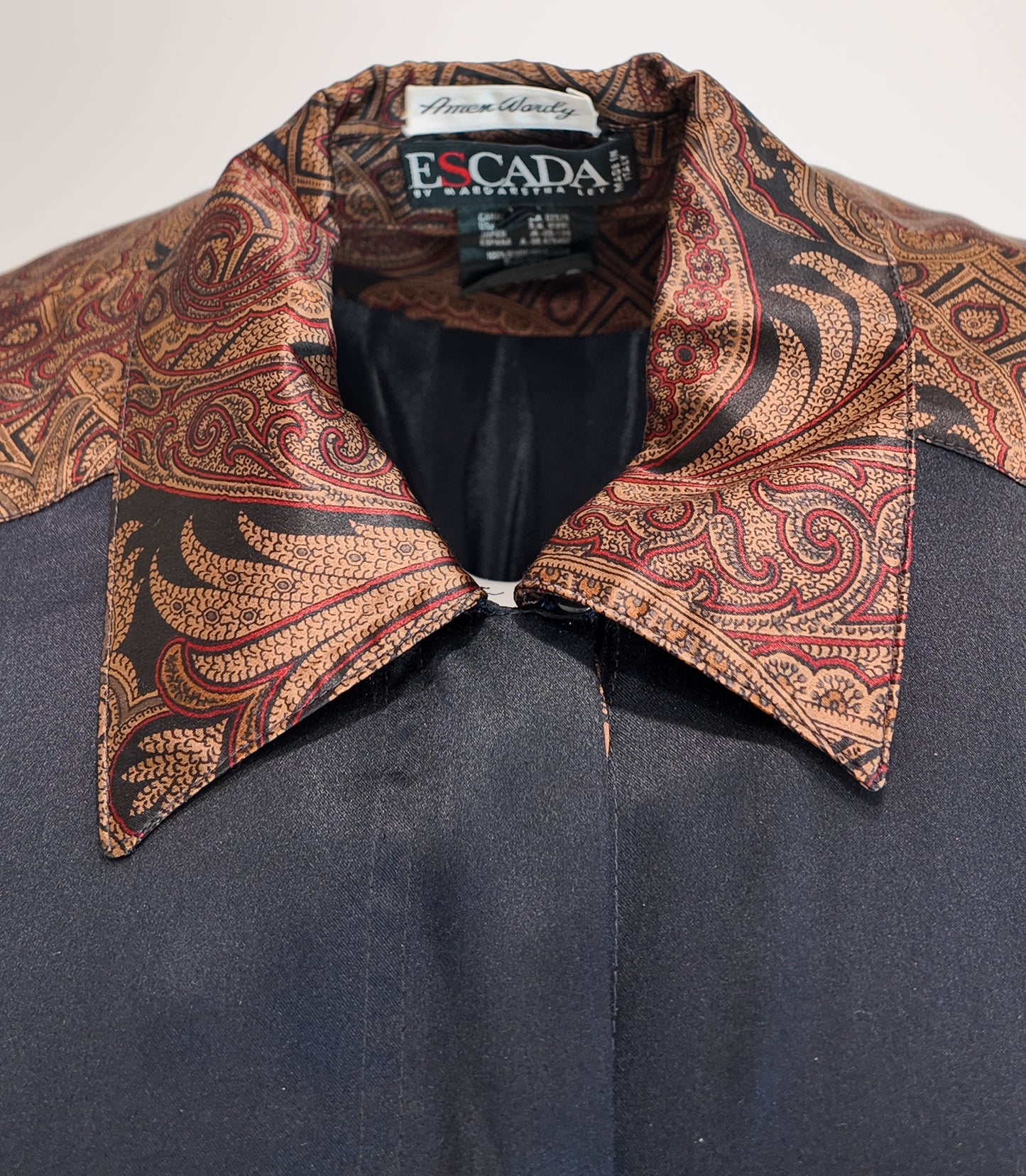 Escada Navy Blue Silk Blouse with Paisley Print and Double Pockets