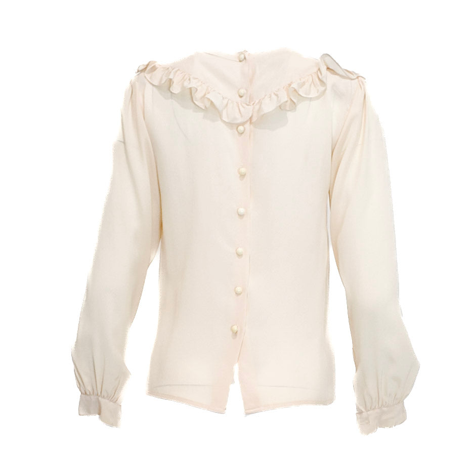 Vintage Valentino/ Neiman Marcus Ruffled Collar Silk Cream Blouse with Rose Detail