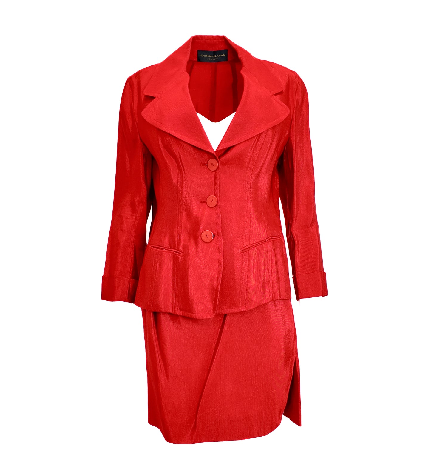 Vintage Donna Karan Red Sheen Skirt Suit